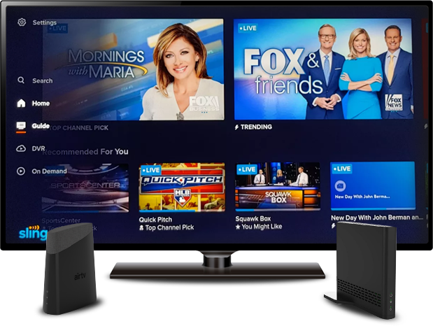 Sling TV Streaming Setup on TV, with Internet Modem and Router