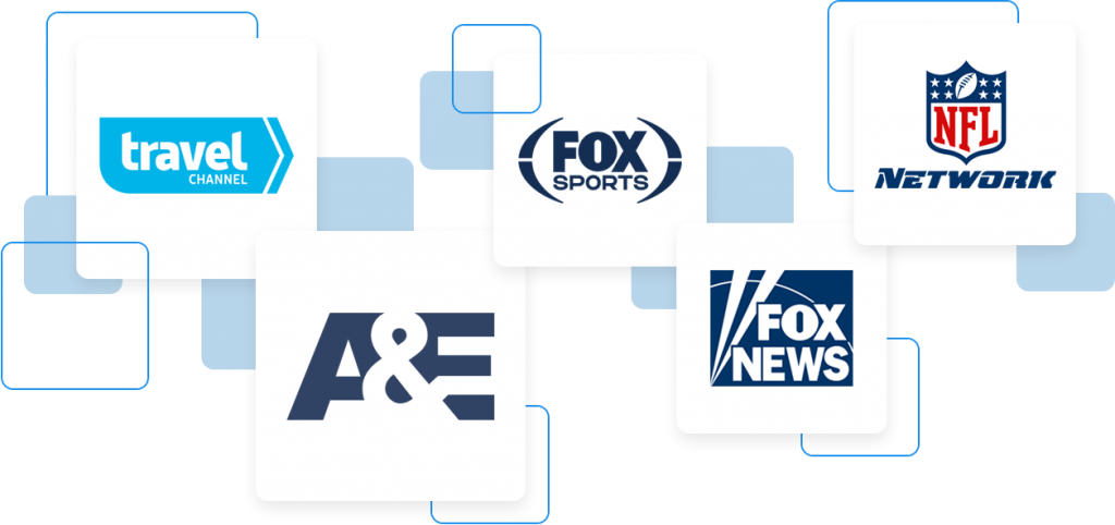 5 Boxes with TV Networks - Travel Channel, A&E, Fox Sports, Fox News, and NFL Network